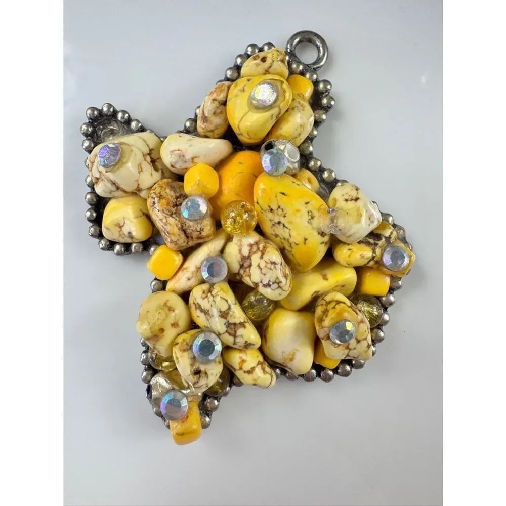 Vintage Yellow turquoise Stone pendant of Texas with Rhinestone Accents